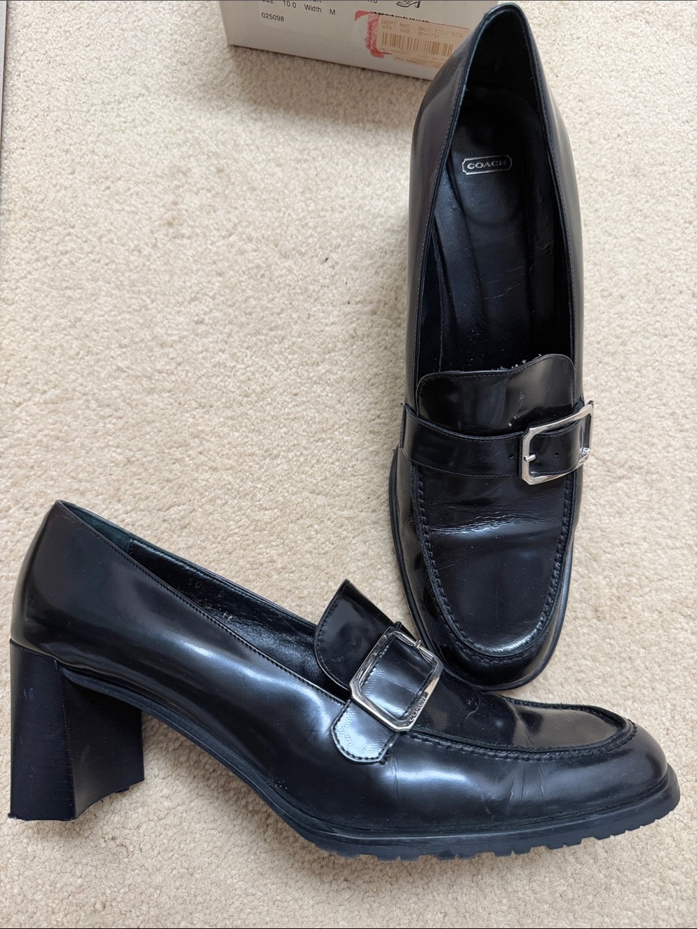 COACH Black Leather Block Heel Loafers with Buckle